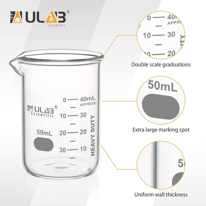 ULAB Heavy Duty Glass Beakers, 10pcs of Vol.50ml(1.7oz), Borosilicate 3.3 Glass, Thick Wall Beakers, with Double Scale, Superior Durability & Chemical Resistance, UBG1069 - Image 3